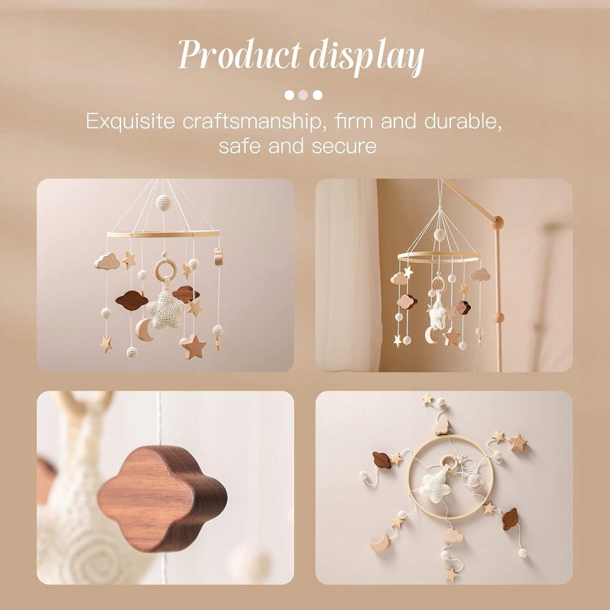 SWECOMZE karuzela do łóżeczka drewno tkanina BOHO, minimalistyczna karuzela niemowlęca z chmurkami i gwiazdkami