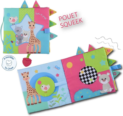 ŻYRAFA SOPHIE książeczka sensoryczna duża 30 x 30, miękka książeczka z lusterkiem, teksturami i gryzakiem dla dziecka