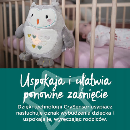 TOMMEE TIPPEE Sowa Ollie PRZYTULANKA lampka dźwięk, szara sowa z CrySensor do uspokajania dziecka