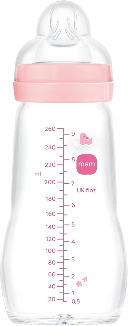 MAM Feel Good biberón de vidrio 260 ml tetina 2 flujo medio 2 m+ PATO