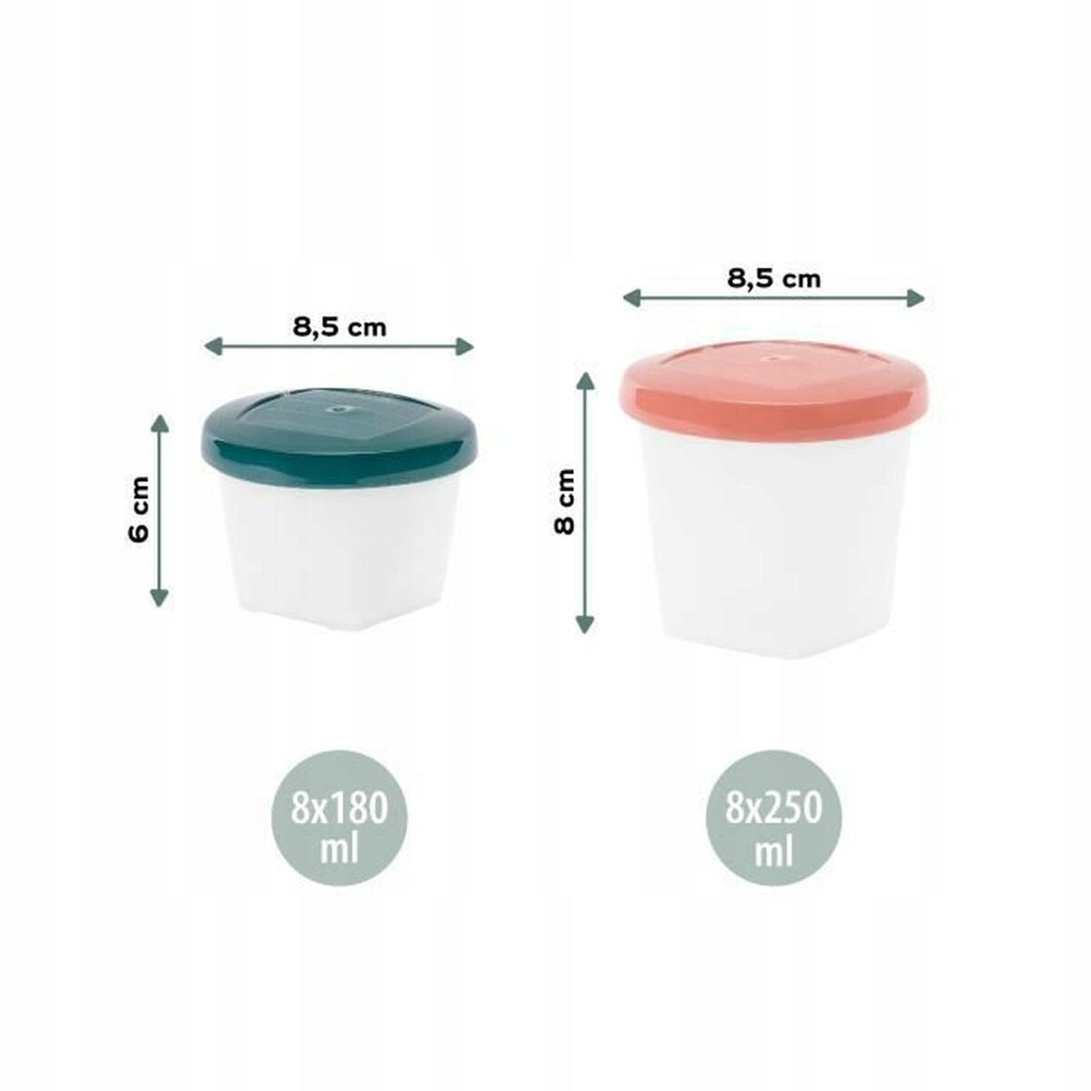 BABYMOOV Babybols MISECZKI pojemniki 16elementów, zestaw 8x180 ml i 8x250 ml z wymiarami