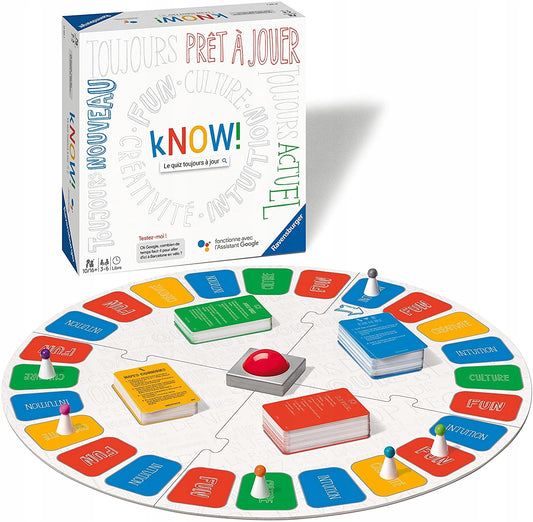 KNOW! gra planszowa J.FRANCUSKI, francuska wersja gry quizowej dla 3-6 graczy, wiek 10/16+, z planszą i kartami.