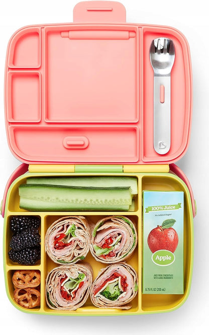 MUNCHKIN Bento Box śniadaniówka + sztućce, 5 komór - różowo-zielono-żółta, BPA free
