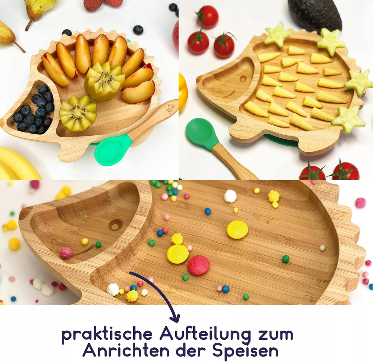 KLEINER FUCHS bambusowy talerz z przyssawką w kształcie jeża + łyżeczka, dla dzieci, BPA-free