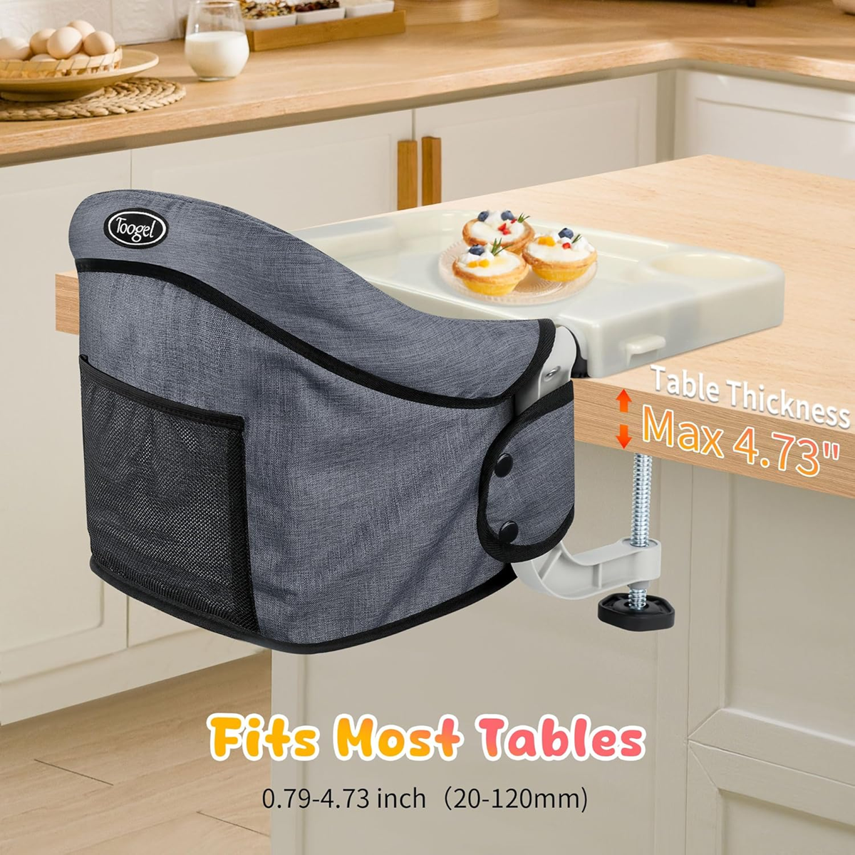 Silla de viaje para bebé fijada a la mesa con bandeja portátil