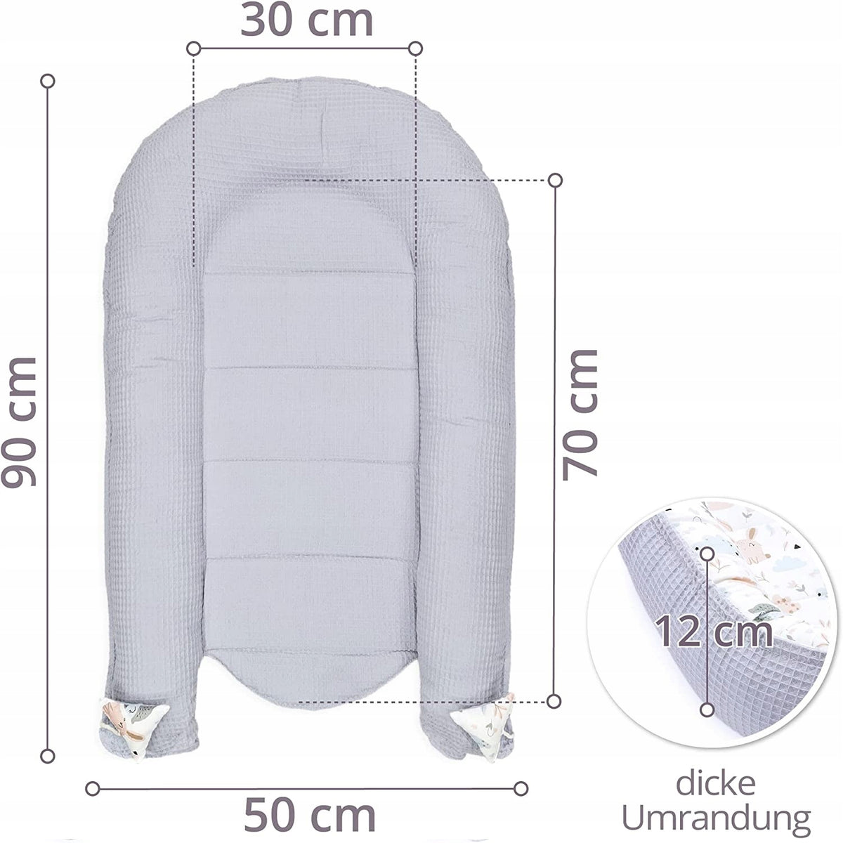 TOTSY BABY kokon niemowlęcy gniazdo 90 x 50, szary, wymiary z grubą krawędzią i oddychającą bawełną