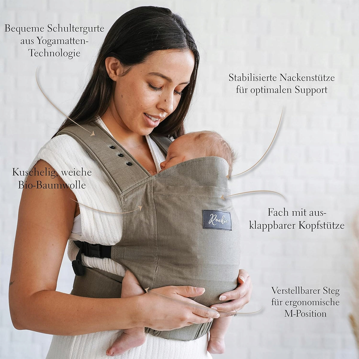 ROOKIE nosidełko ergonomiczne 3-15kg ORGANIC khaki, miękkie nosidło z organicznej bawełny