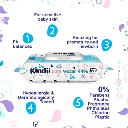KINDII Pure Water 99 toallitas húmedas con agua x60 unidades