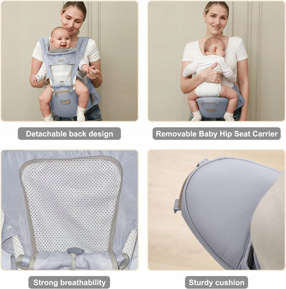 GROWNSY nosidełko ergonomiczne z pasem biodrowym 6w1, szare, oddychające i z odpinanym siedziskiem hip seat