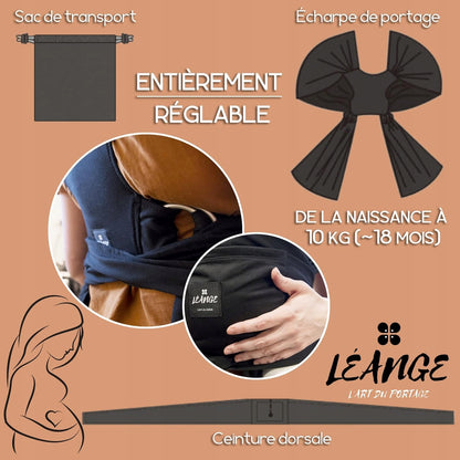 LEANGE chusta do noszenia dziecka 2w1 czarna, regulowana od narodzin do 10 kg, nosidło z pasem i sakwą transportową