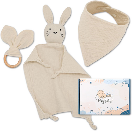 TOTSY BABY muselina, comforter y babero, mordedor de madera 27x27 cm CONEJO