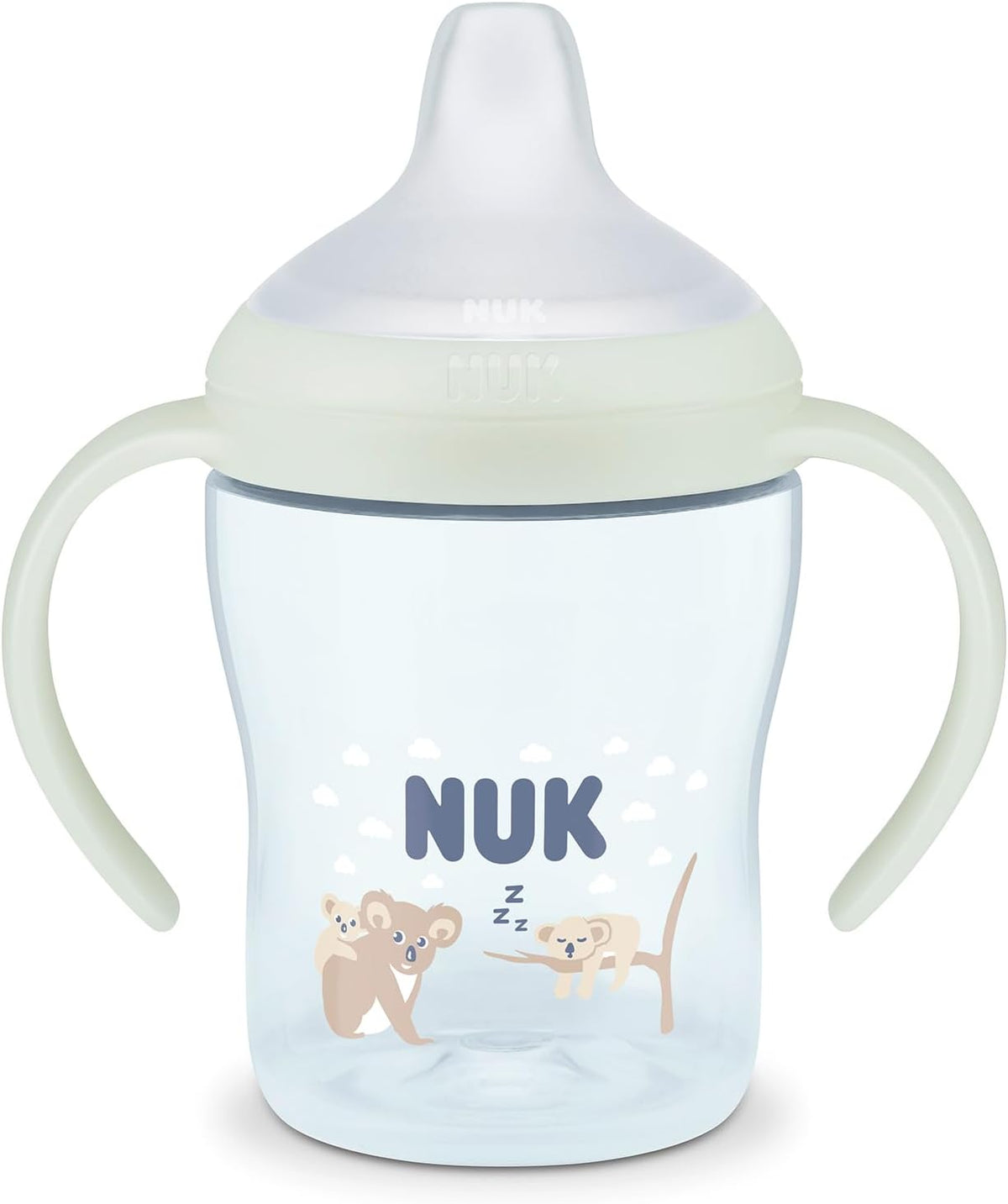 NUK Perfect Match kubek niekapek 150ml 6m+ ŚWIECI W CIEMNOŚCI z uchwytami i motywem misiów