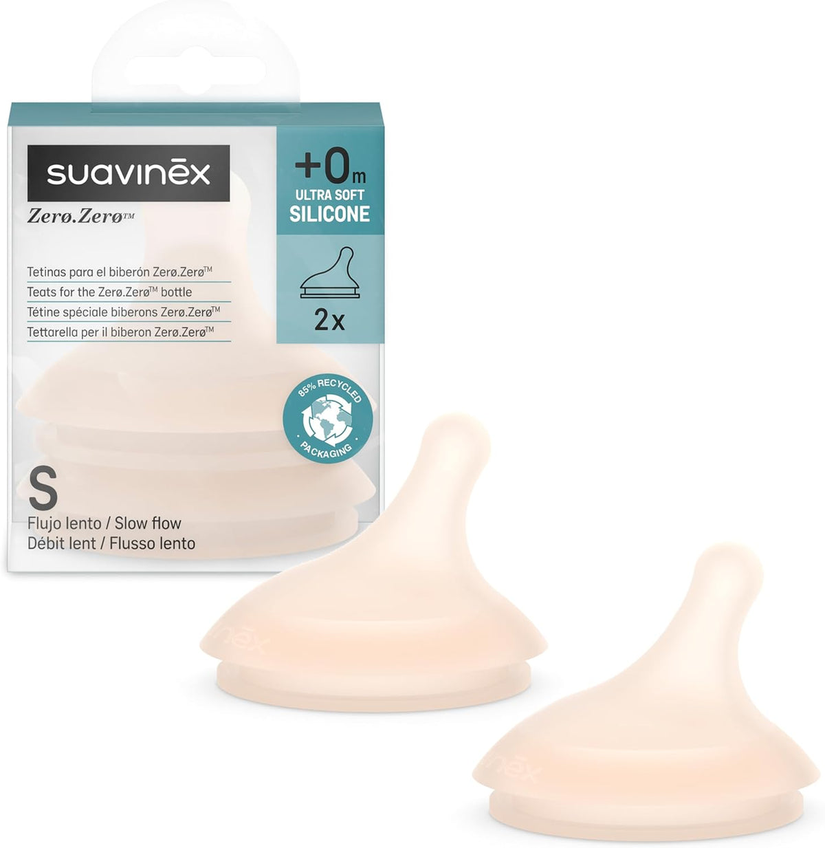 SUAVINEX Zero Zero tetina para biberón (S) flujo lento 0m+ x2
