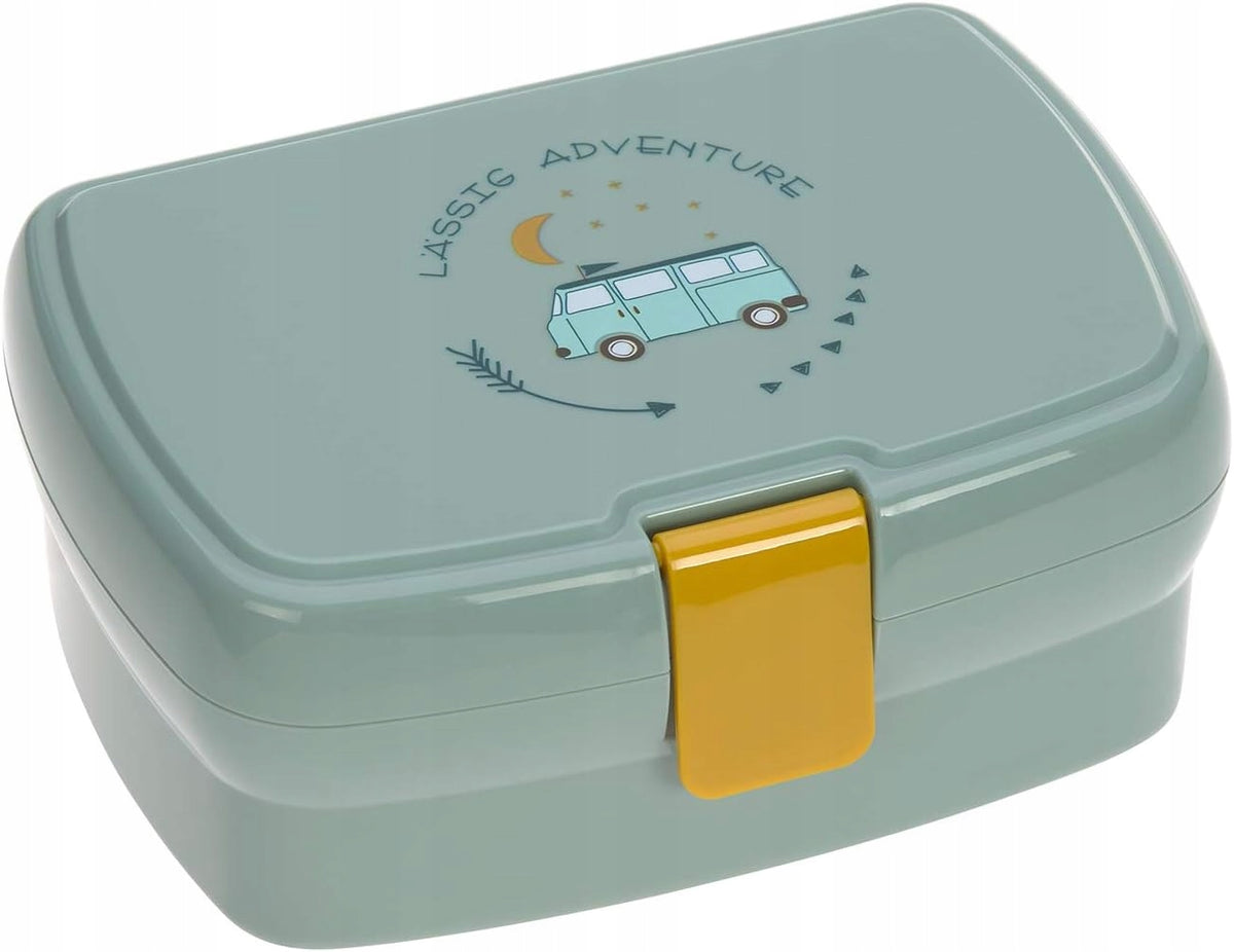 LASSIG śniadaniówka z wyjmowaną tacką na przekąski 460 ml, zielona lunchbox z motywem busa i klipsem