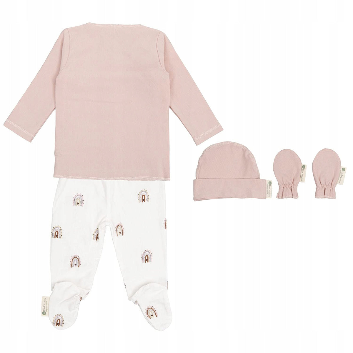BIMBI CASUAL zestaw półśpioch kaftanik 5el. 1-3msc różowy, bawełna organiczna, czapeczka i rękawiczki
