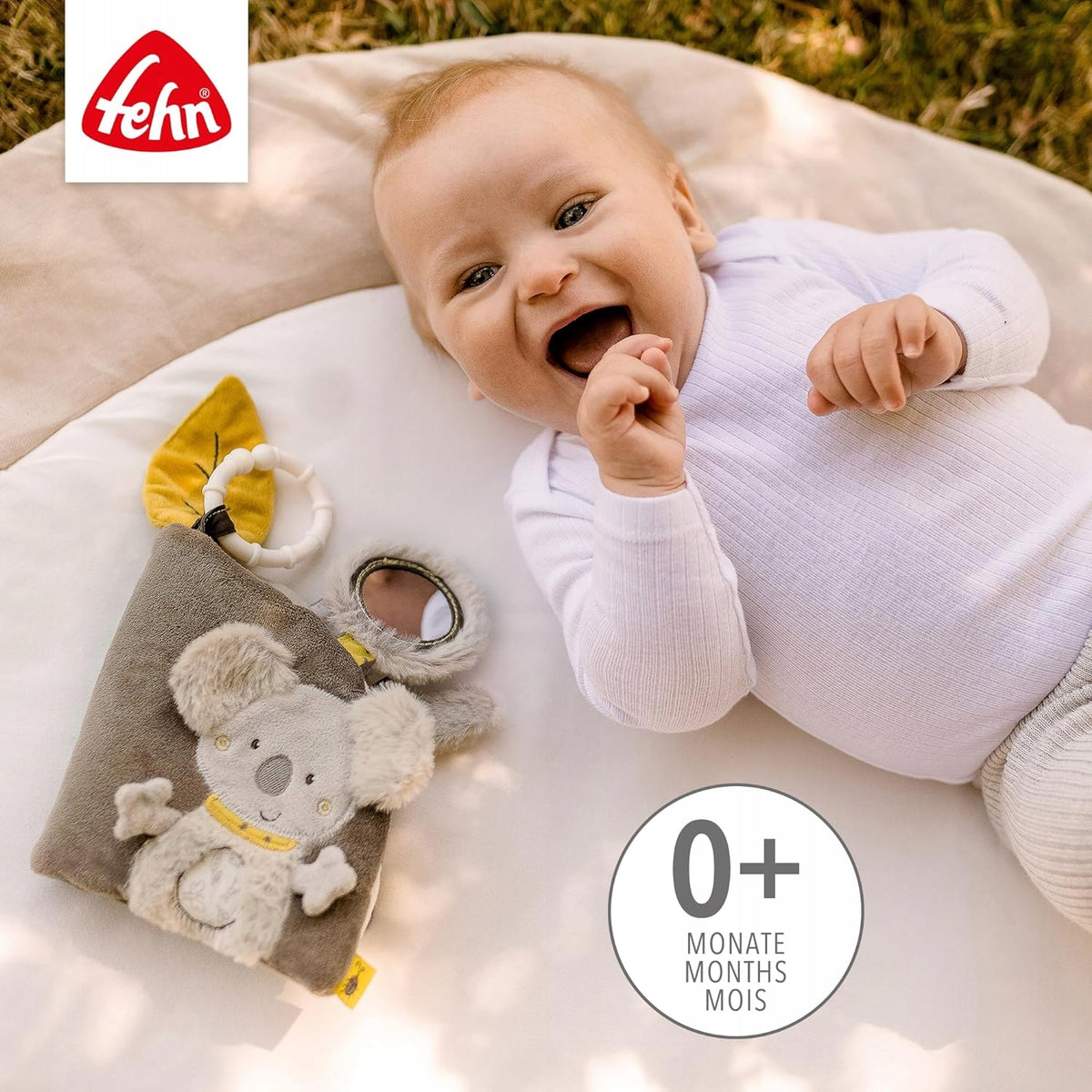 Fehn Australia książeczka sensoryczna z zawieszką, szara zabawka dla niemowląt 0+ z koalą i elementami sensorycznymi