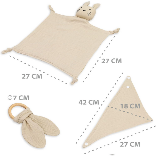 TOTSY BABY muselina, comforter y babero, mordedor de madera 27x27 cm CONEJO