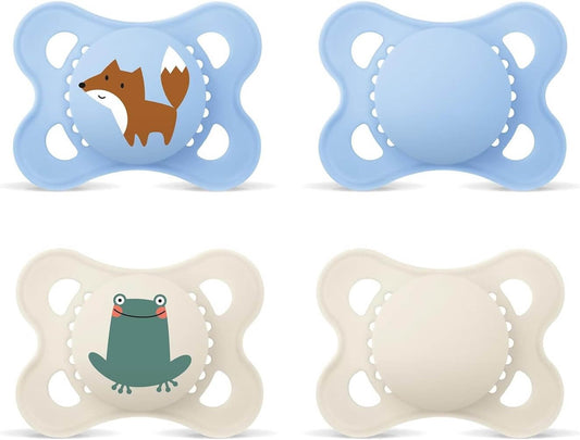 MAM Original smoczek uspokajający silikonowy 0-6m x4, smoczki SkinSoft z motywami lisa i żaby