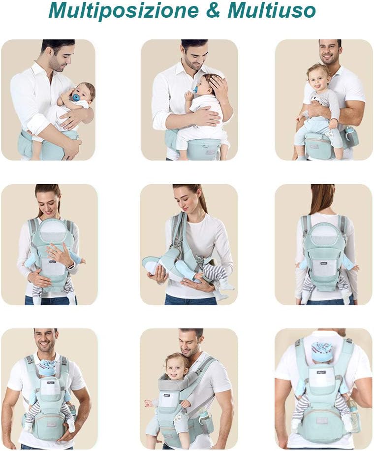 NOSIDEŁKO ergonomiczne z pasem biodrowym 11w1, zielone, wielopozycyjne noszenie dziecka od 0-36 msc