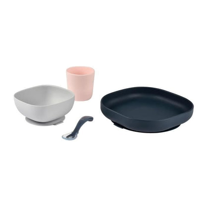 BEABA zestaw naczyń silikonowych z przyssawką: talerzyk, miseczka, kubek i łyżeczka treningowa