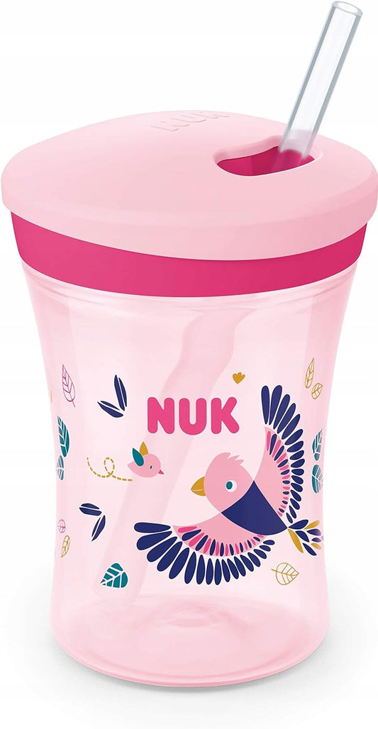 NUK Action Cup KUBEK NIEKAPEK 12 m+ różowy kubek z elastyczną słomką i motywem ptaszka