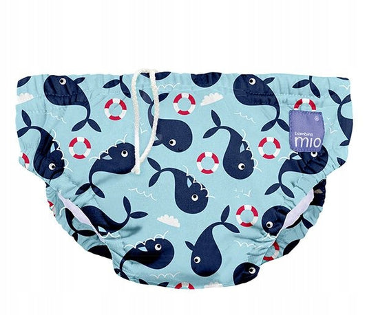 BAMBINO MIO pielucha do pływania 0-6 msc niebieska w wieloryby, majteczki do pływania dla niemowląt