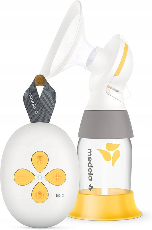 MEDELA SOLO laktator elektryczny 2-fazowy USB, pojedynczy, biało-żółty, z akumulatorem i lejkiem PersonalFit Flex
