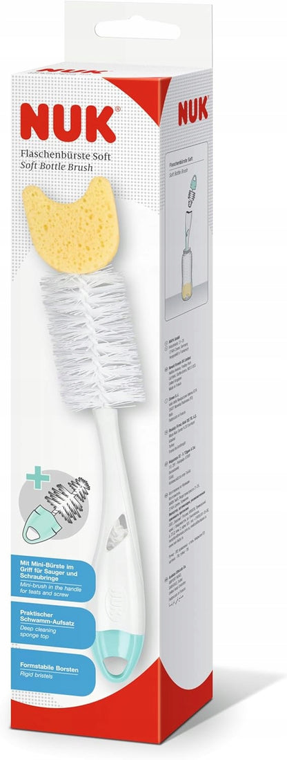 NUK 2w1 szczotka do czyszczenia smoczków butelek i smoczków 28 cm, biało-niebiesko-żółta, z gąbką i mini szczotką