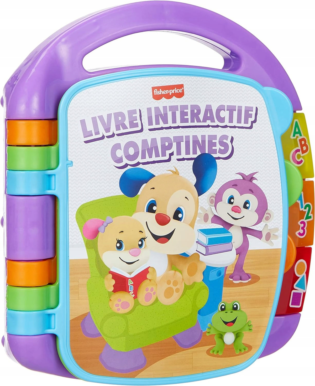FISHER-PRICE CDH39 elektroniczna książeczka edukacyjna JĘZYK FRANCUSKI, fioletowa książeczka interaktywna dla dzieci