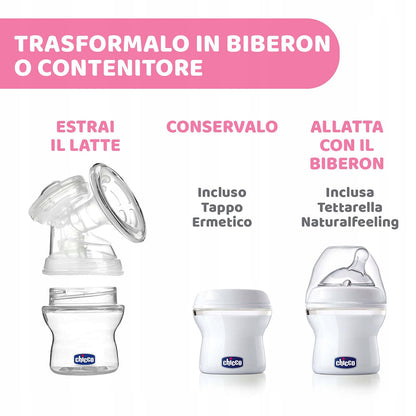 CHICCO Naturally laktator elektryczny różowy, zestaw do odciągania mleka z butelką i smoczkiem NaturalFeeling