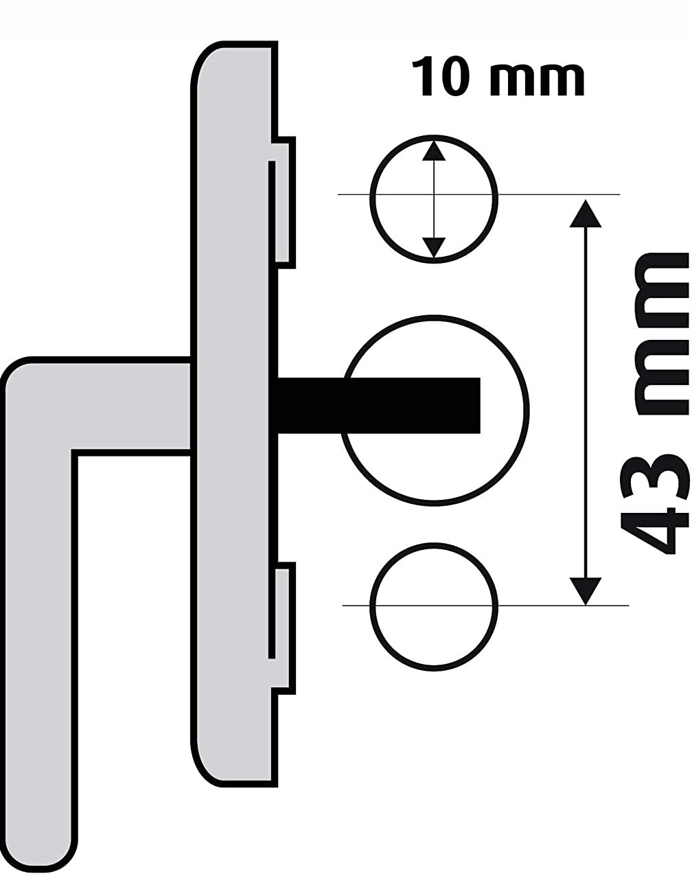 REER WinLock zabezpieczenie okien i drzwi balkonowych x1, schemat wymiarów 10 mm i 43 mm