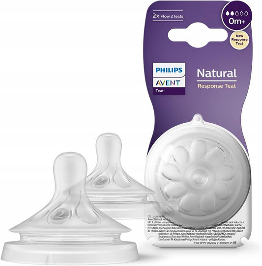 PHILIPS AVENT Natural RESPONSE smoczki do butelek 0msc+ x2, przezroczyste smoczki 2 przepływ, BPA free