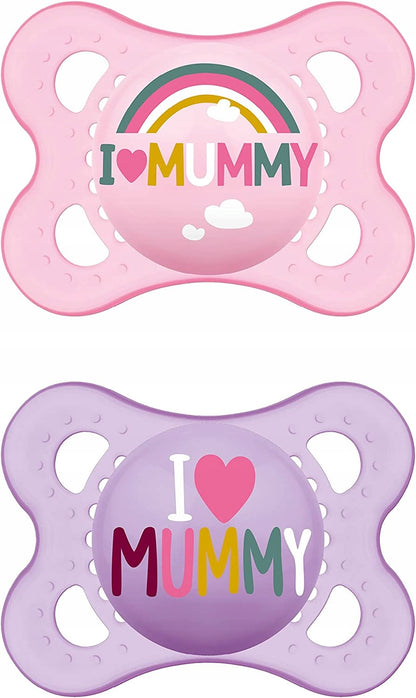 MAM ORIGINAL smoczek uspokajający x2 0-6m +box, różowy i fioletowy smoczek silikonowy z napisem I love MUMMY
