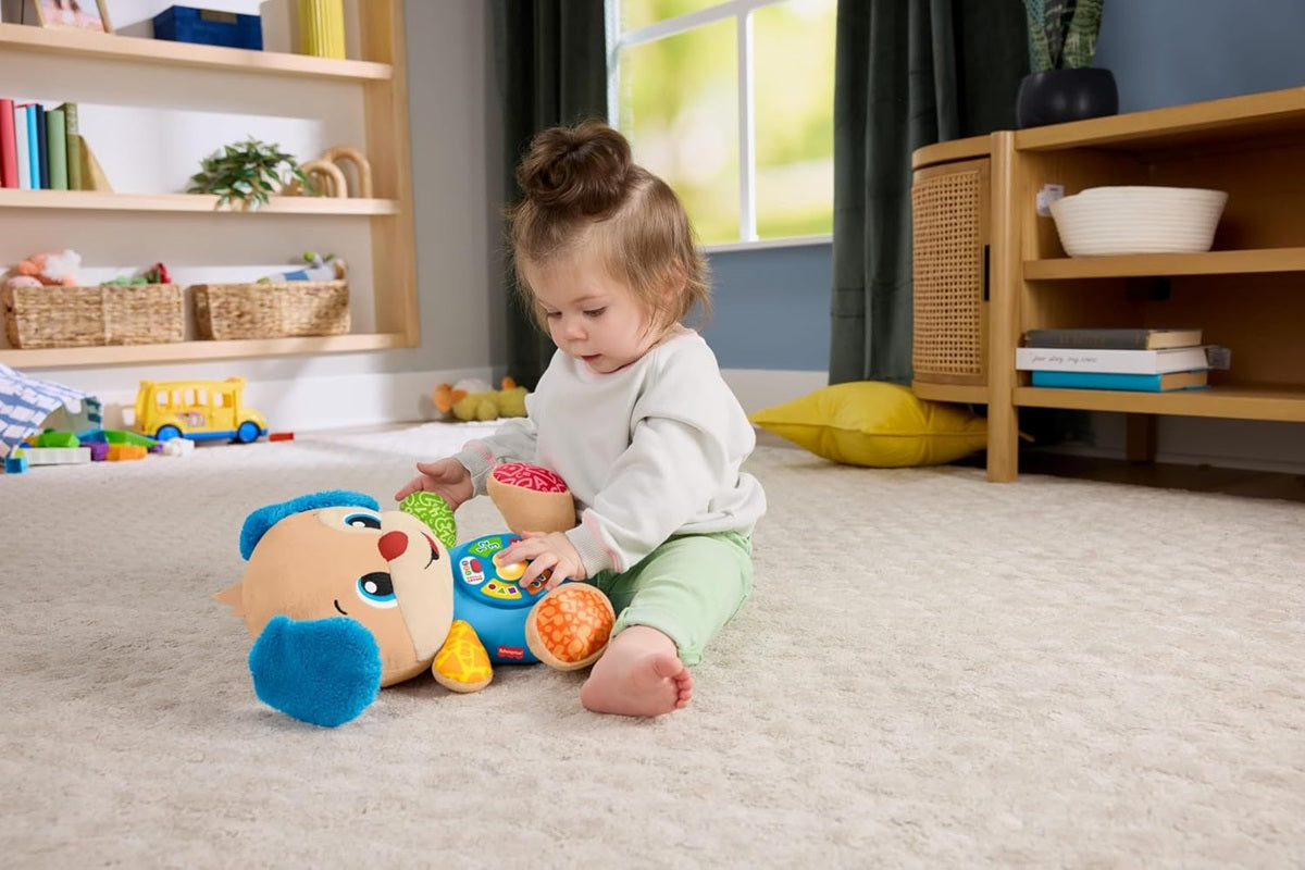 FISHER-PRICE JFD27 szczeniaczek uczniaczek 5 języków PL CZ SK HU ENG dla niemowląt, interaktywna zabawka edukacyjna