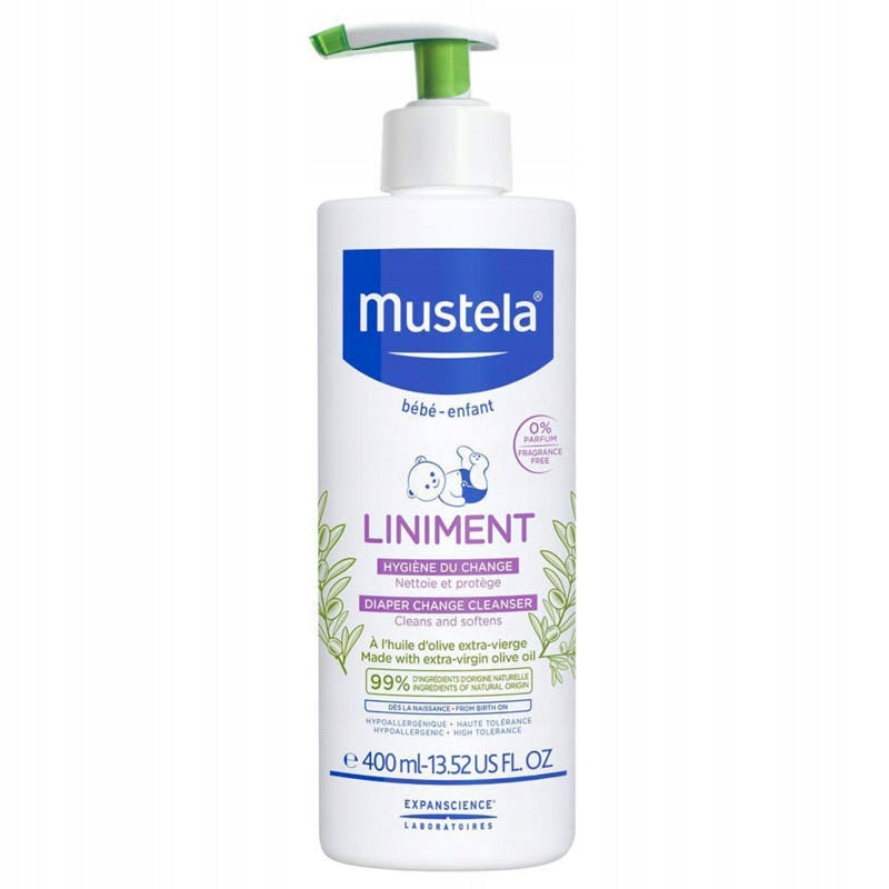 MUSTELA Liniment emulsja z pompką 400ml delikatnie oczyszcza i chroni skórę dziecka, z oliwą z oliwek