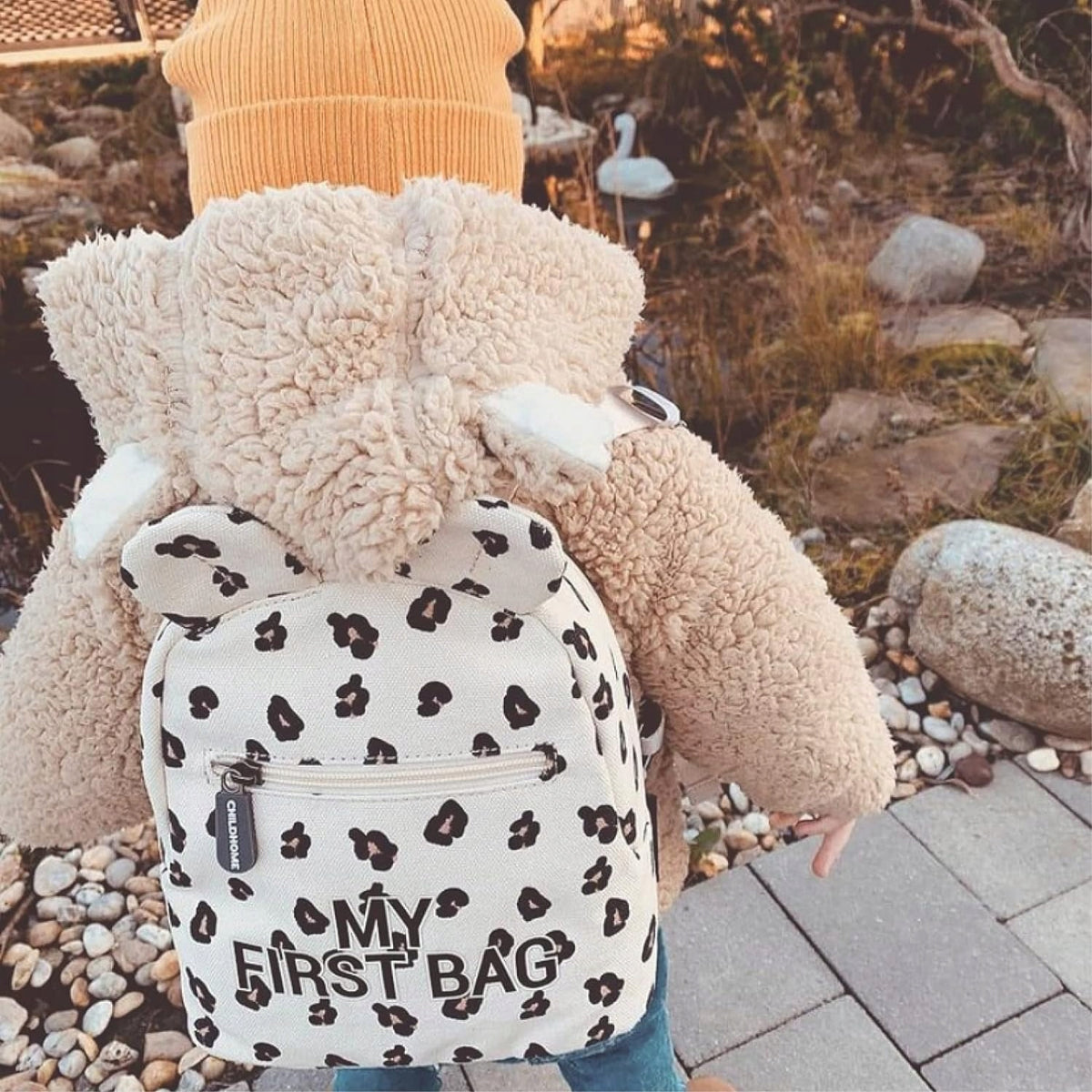CHILDHOME My First Bag PLECAK dla dzieci LEOPARD, beżowy plecak dziecięcy w panterkę z regulowanymi paskami