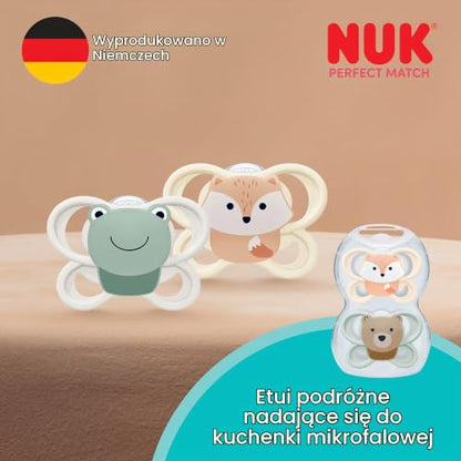 NUK Perfect Match Air smoczki uspokajające 0-6m x2, smoczki z etui podróżnym i wzorami zwierząt