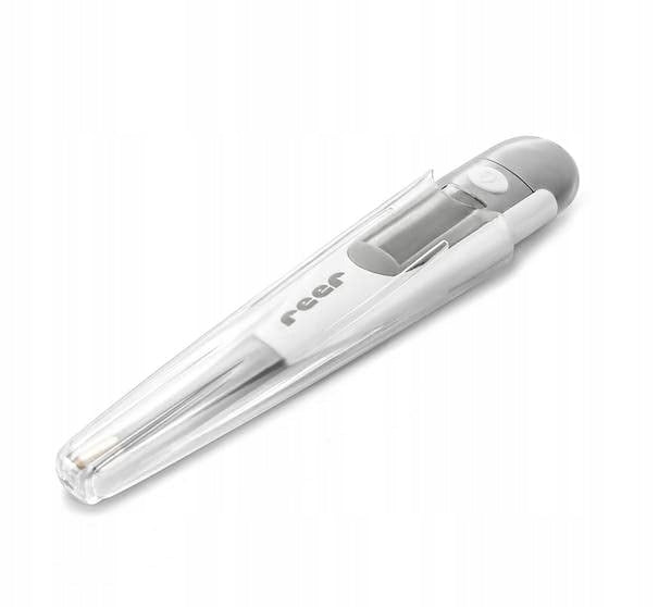REER ExpressTemp Pro termometr elektroniczny LCD ze złotą końcówką, biało-szary, z etui, dla dzieci 0+