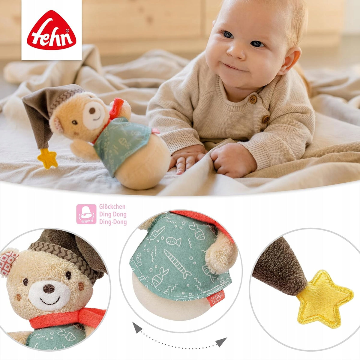 FEHN Miś Bruno wańka WSTAŃKA 14cm grzechotka dla niemowląt 0+ z dzwoneczkiem, miękka i kolorowa