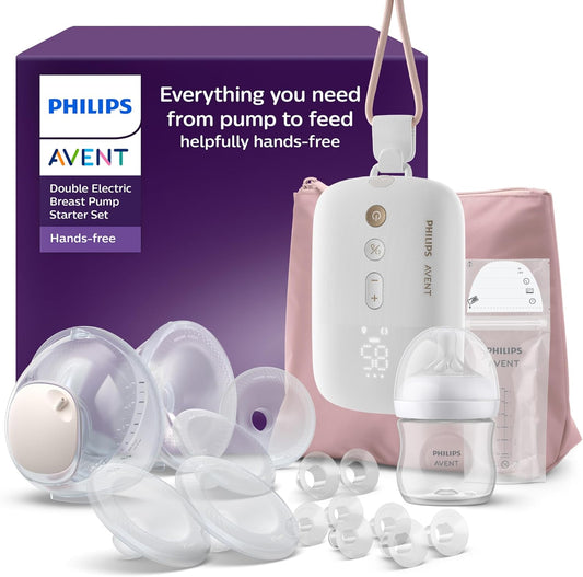 Zestaw Philips Avent Hands-Free SCD553/11 z opakowaniem, jednostką sterującą, muszlami i akcesoriami na białym tle.