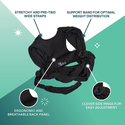 KOALA BABYCARE chusta do noszenia dziecka 2w1, czarna, ergonomiczna z szerokimi paskami i łatwą regulacją