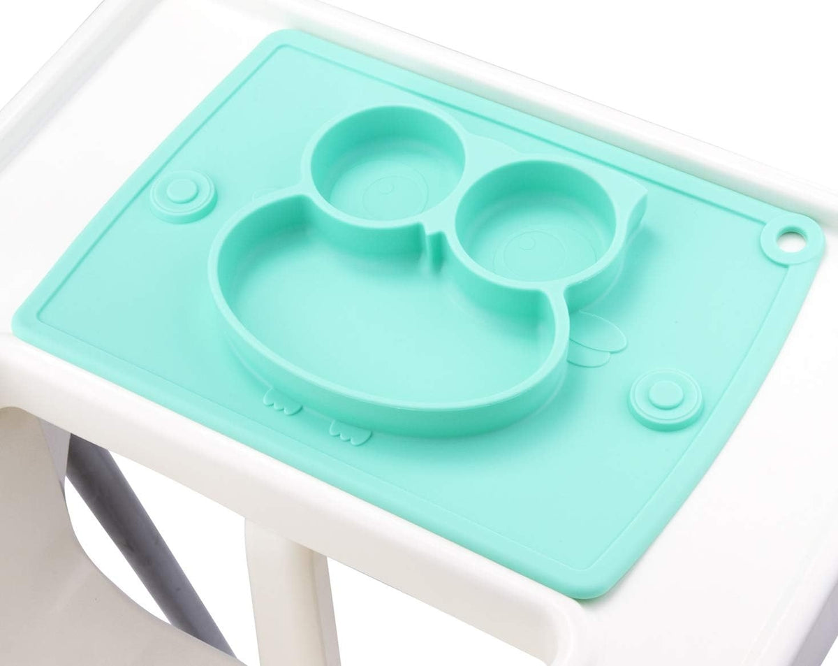 BUMKINS silikonowy TALERZ z matą i sztućcami, 3-komorowy silikonowy talerzyk dla dzieci, mięta, BPA free