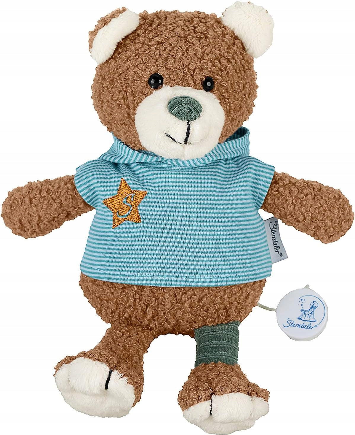 STERNTALER Niedźwiedź Ben z pozytywką 18 cm "O, pluszowa przytulanka dla niemowląt, brązowy miś z niebieską koszulką