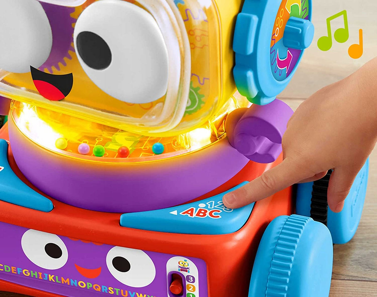 FISHER-PRICE interaktywny robot LINUS język niemiecki, kolorowy robot edukacyjny z przyciskami i światłem