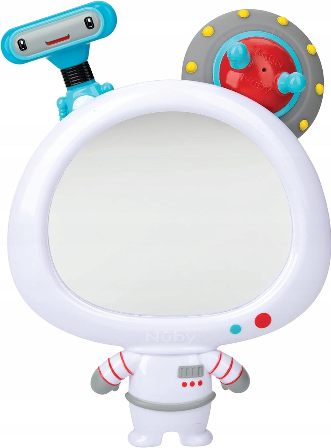 NUBY lusterko z przyssawką + 2 zabawki do kąpieli, białe lusterko UFO z robota i latającym spodkiem
