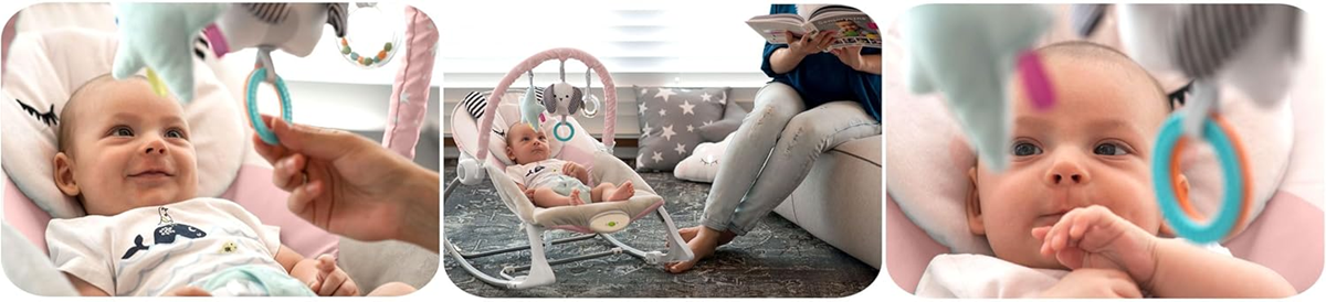 NUKIDO Silla mecedora con vibración hasta 18 kg + arco de juegos con juguetes