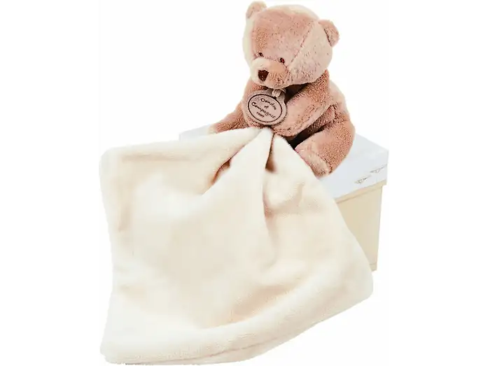 DOUDOU ET COMPAGNIE komforter przytulanka 10 cm MIŚ beżowy miś z kocykiem 16x16 cm dla niemowląt