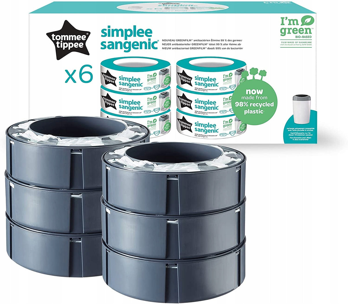 TOMMEE TIPPEE wkład SIMPLEE SANGENIC x6, wkłady do pojemnika na pieluchy, 98% recycled plastic