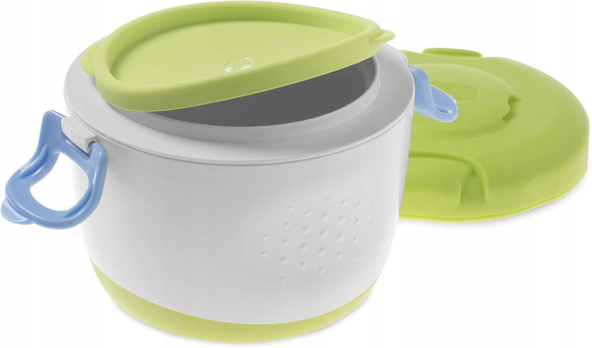 CHICCO pojemnik obiadowy izolowany + łyżeczka, biało-zielony termos na jedzenie dla niemowląt BPA free