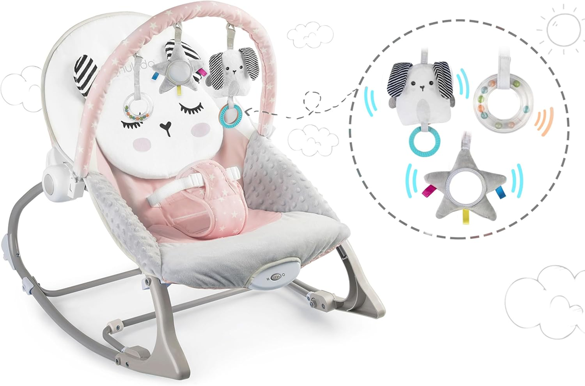 NUKIDO Silla mecedora con vibración hasta 18 kg + arco de juegos con juguetes